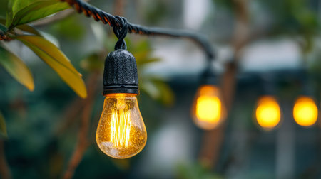 Soft amber lights drape along an intricate black wire, casting a gentle glow over lush greenery as...