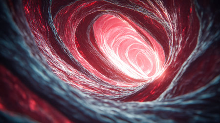 A dynamic red whirlpool pulsates with glowing accents, evoking energy and movement in an eye-catching, modern abstract style perfect for creative projects.の写真素材