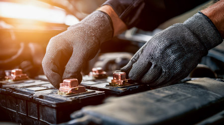 A professional technician carefully examines vehicle batteries amidst tools and equipment in a busy repair shop, ensuring optimal performance.の写真素材