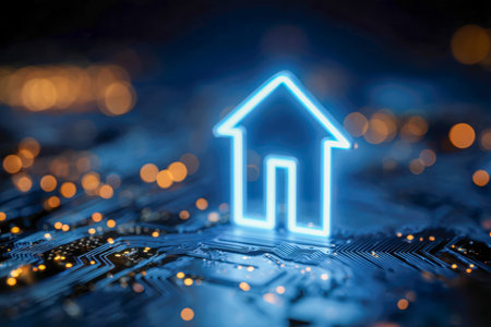 A luminous blue house emblem representing connected living, set against a high-tech circuit pattern illuminated by soft golden glows and intricate digital links.の写真素材