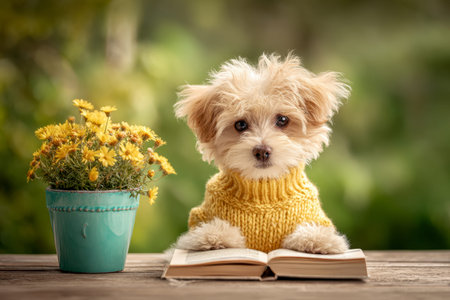 A charming young dog clad in a soft, sunlit sweater rests its paws on an open page, beside a...
