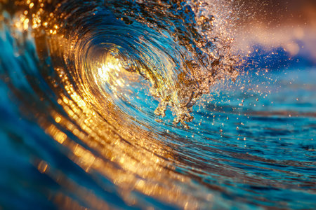 A majestic crest ripples through the ocean, glowing with warm, amber hues as the day's final light...