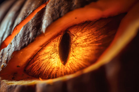 An intense, glowing amber gaze pierces through textured, rugged skin, illuminated by warm, dynamic lighting that highlights every scale and sharp pupil, evoking a fierce,の写真素材