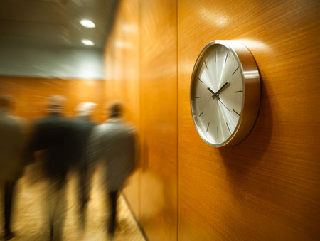 Focused professionals stride through a sleek corridor, the large clock overhead emphasizing the...