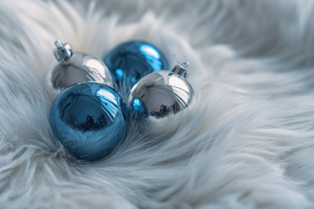 Elegant holiday accents shine against plush white fur, with shimmering blue and silver ornaments...