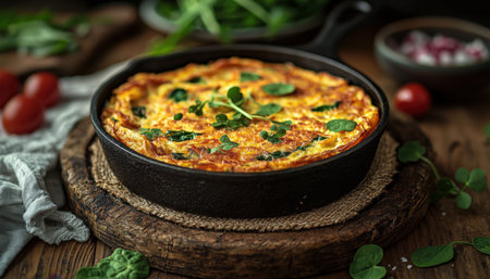 Warm, hearty casserole with a golden crust, garnished with vibrant green herbs, set against a textured wooden surface for inviting home-style appeal.の写真素材