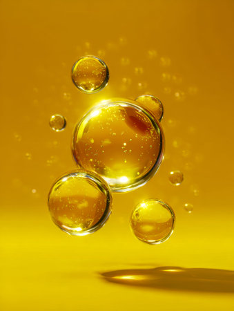 Dynamic golden spheres float within a luminous yellow medium, set against a sleek gray backdrop,...