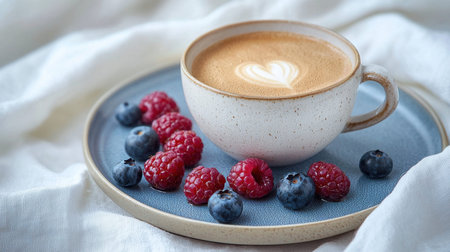 An inviting coffee cup with delicate heart latte design, nestled among ripe raspberries and...