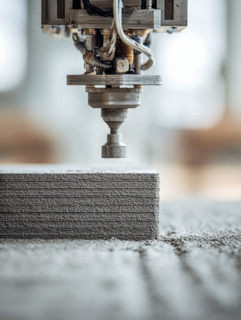 A sleek, robotic system meticulously builds layered, textured building components within a...