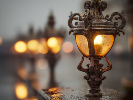 A nostalgic scene featuring a classic street lamp casting a gentle amber glow across a shimmering, rain-soaked walkway by the water, evoking warmth and longing at day's eの写真素材
