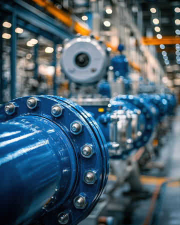 Heavy-duty industrial equipment features a prominent large blue pipe, surrounded by metallic machinery in a busy factory environment, suggesting high-の写真素材