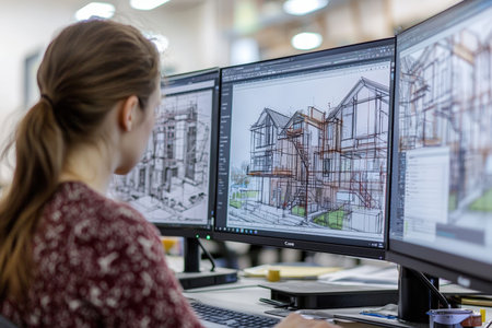 A focused woman drafts detailed architectural layouts on dual screens, surrounded by blueprints and design tools in a professional office environment.の写真素材