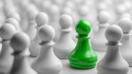 A vibrant green pawn commands attention amid an array of traditional white chess figures, symbolizing individuality and standing out in a competitiveの写真素材
