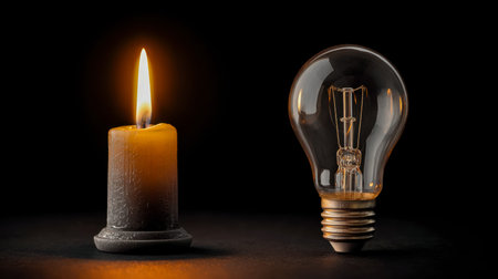 A glowing candle paired with a bright incandescent bulb, evoking creativity, insight, and the spark...