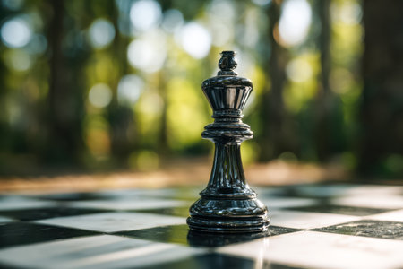 A regal queen piece bathed in warm sunlight stands poised on a classic checkered chessboard outdoors, evoking grace and strategic mastery amid nature's serenity.の写真素材