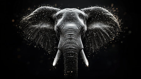 A glowing electronic rendering of an elephant's majestic profile, with intricate trunk and ear details highlighted against a shadowy backdrop.の写真素材
