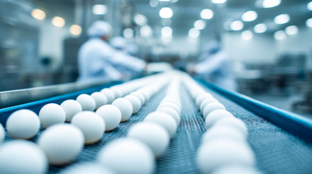 Neatly arranged eggs roll along conveyors within a modern facility, with workers overseeing the seamless packaging process in a bright, sterile environmentの写真素材