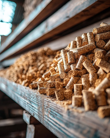 Handcrafted wooden shelves holding neatly piled eco-friendly pellets.の写真素材