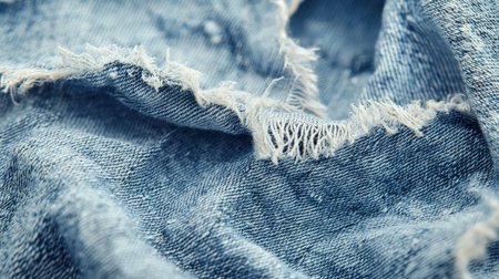 Texture-rich denim close-up showcasing unraveling threads and worn edges, emphasizing rugged...