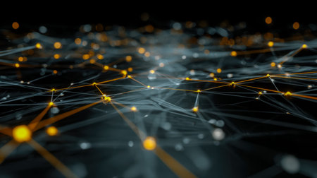 Luminous spheres linked by radiant threads form a complex web in a high-tech color palette, evoking...