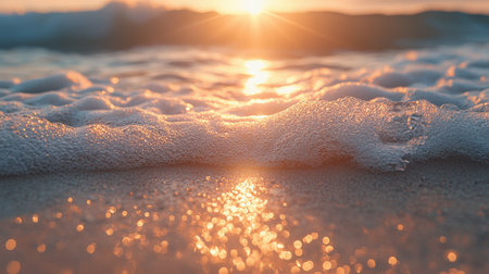 Gentle morning light bathes shimmering surf as frothy waves ripple, creating a peaceful, golden glow perfect for serenity and nature themes.の写真素材