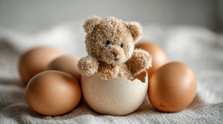 A tiny, charming plush bear nestled within a jagged eggshell, surrounded by whole eggs, all resting...