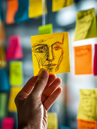 A person's hand presents a bright yellow note featuring a simple doodle, surrounded by vibrant sticky notes on a transparent board in an innovative office setting.の写真素材