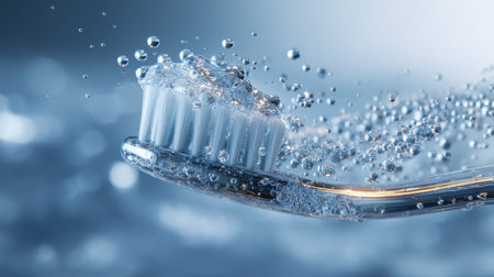 A transparent toothbrush with shimmering water beads appears to hover amid tiny droplets, set against a gentle blue blur, emphasizing freshness and oral care.の写真素材