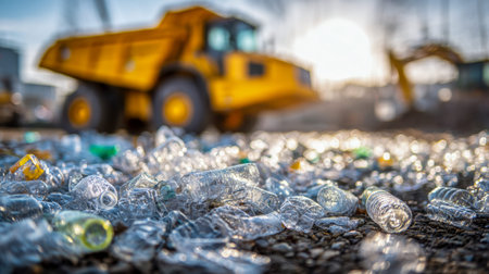 As daylight fades, sunlight glimmers off a mound of empty plastic containers, with industrial...