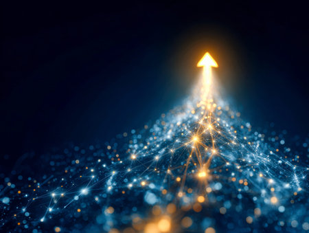 A luminous gold arrow crafted from intricate digital link patterns rises sharply against a deep navy...
