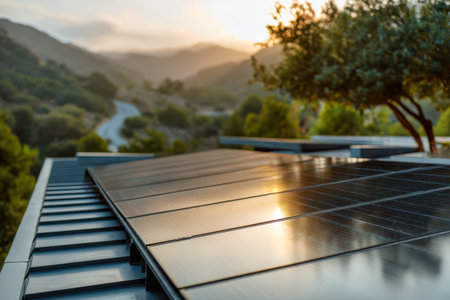 Solar arrays gleam against a vibrant sunset sky, set atop a rooftop overlooking majestic mountains...