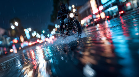 A lone rider cuts through a wet urban landscape, shadows blending with vibrant neon glows and...