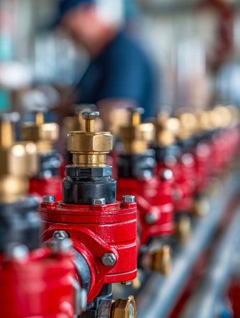 Vibrant red valves with polished brass fittings create a striking industrial scene, while a focused worker fine-tunes machinery in a busy workshop environment.の写真素材