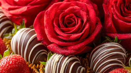 Elegant bouquet of vibrant red roses paired with decadent strawberries dipped in creamy white chocolate, perfect for celebrating love and special moments.の写真素材