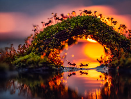 A bustling colony of ants navigates a rugged limestone formation as the sun sets, casting warm hues and shimmering colors across the tranquil water below.の写真素材