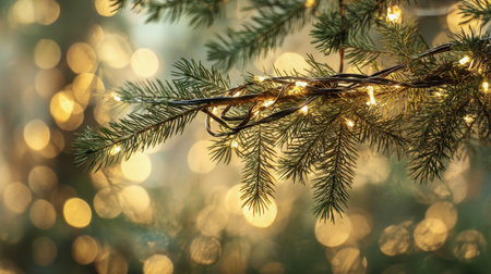 Warm, gentle illumination weaves through vibrant pine foliage, crafting an inviting holiday setting against a dreamy, golden-hued background.の写真素材