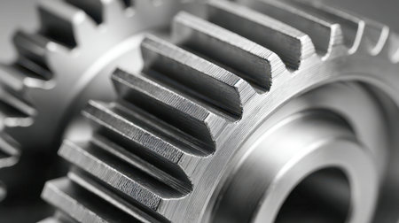 A detailed perspective highlighting the finely crafted teeth and flawless alignment of metal gears, emphasizing engineering excellence in industrial automation systems.の写真素材
