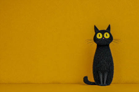 A sleek black feline with piercing yellow eyes rests alertly in a clean, contemporary space, set against a bold mustard hue that enhances its mysterious allure.のeditorial素材