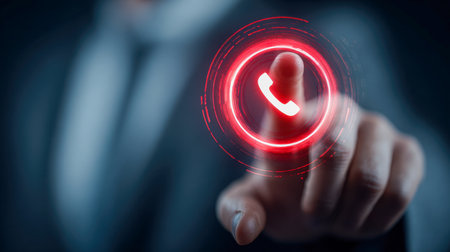 A professional in a tailored suit reaches out to activate a holographic red communication symbol amid a sleek, high-tech backdrop, symbolizing innovative connectivity.の写真素材