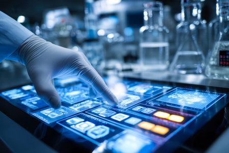 A researcher interacts with a digital display amid lab tools, evoking innovation, focus, and...