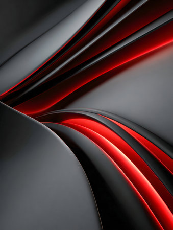 A sleek, layered composition of matte black shapes illuminated by fiery crimson streaks, evoking speed, innovation, and a cutting-edge digital aesthetic.の写真素材