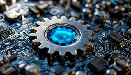 A detailed macro highlights shot a sleek, high-tech gear fused with illuminated circuitry,...