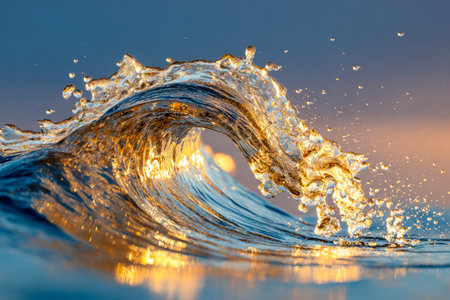 Warm rays cast a shimmering glow on a lively wave as it gracefully arcs and sprays in tranquil waters, set against a pastel-hued sunset sky.の写真素材