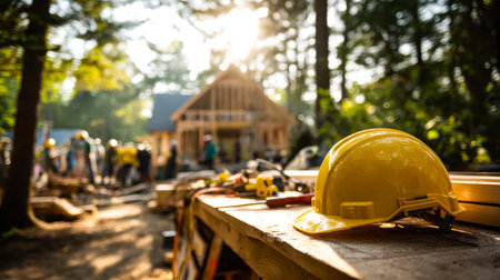 Workers in safety gear assemble timber frames amid lush greenery, highlighting craftsmanship and outdoor teamwork in a tranquil woodland environment.の写真素材