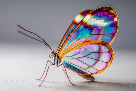 A detailed view of a butterfly's shimmering, multicolored wings against a simple background, capturing its delicate textures and vibrant iridescence.の写真素材