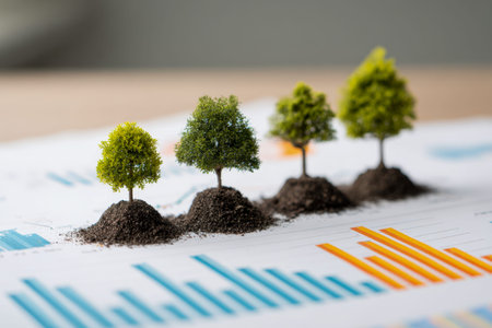Tiny saplings rooted in soil atop rising financial graphs illustrate innovative eco-conscious...