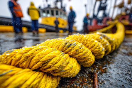 Vibrant yellow cord coiled on a damp dock surface, with blurred workers and vessels in the distance, capturing maritime activity and industrial resilience.の写真素材