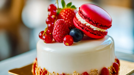 A sophisticated dessert adorned with a glossy red macaron and a colorful array of ripe berries,...