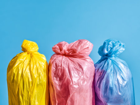An array of vibrant trash bags creates a lively contrast against a solid blue backdrop, highlighting bold colors and organized arrangement with a modern, artistic touch.の写真素材