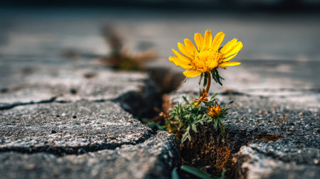 A vibrant yellow blossom emerges defiantly from jagged concrete fractures, symbolizing hope and strength amid adversity.の写真素材